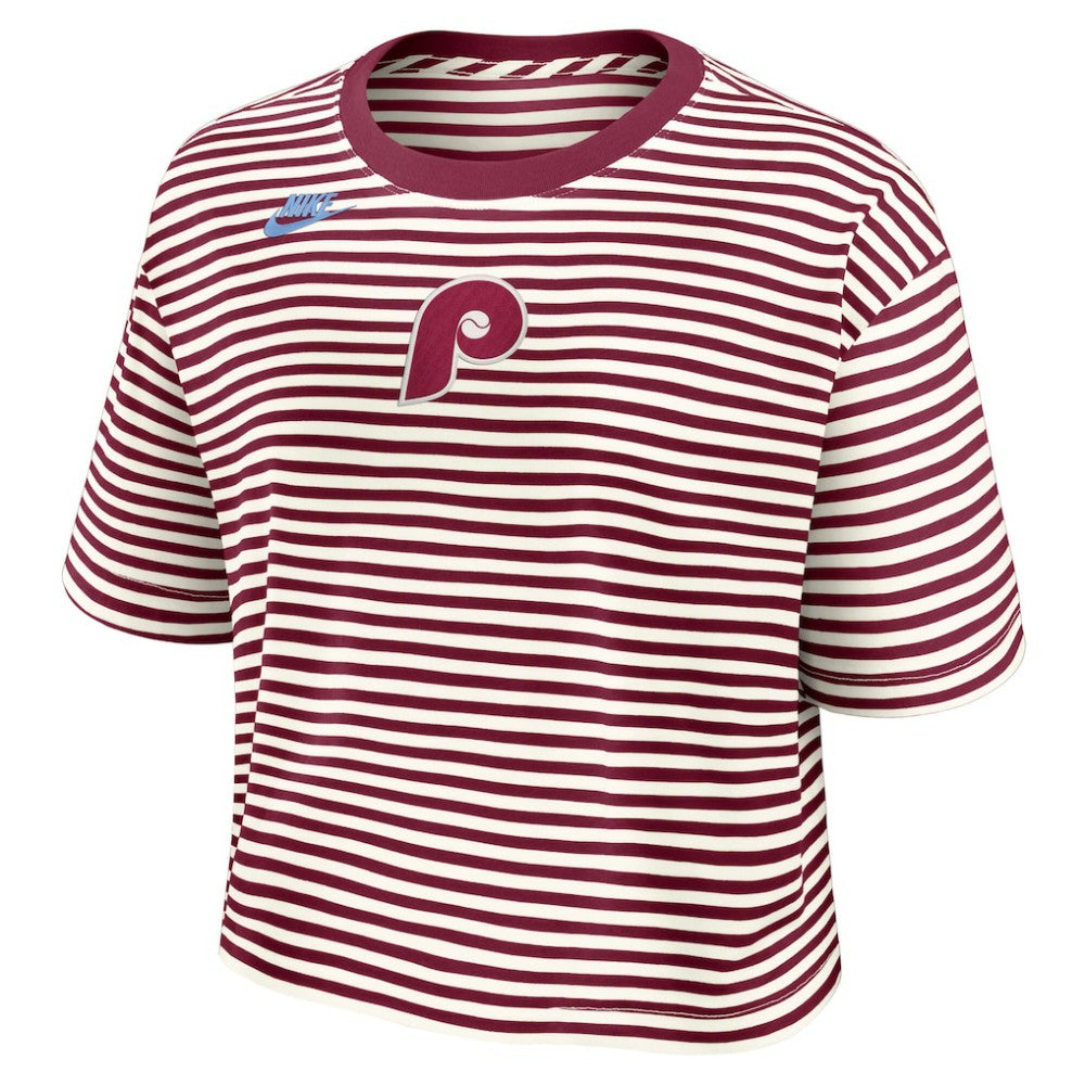 Philadelphia Phillies Women's Cooperstown Collection Striped Cropped T-Shirt Burgundy/Cream