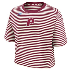 Philadelphia Phillies Women's Cooperstown Collection Striped Cropped T-Shirt Burgundy/Cream