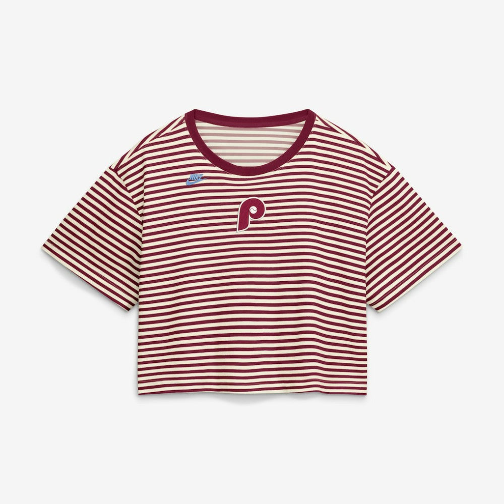 Philadelphia Phillies Women's Cooperstown Collection Striped Cropped T-Shirt Burgundy/Cream