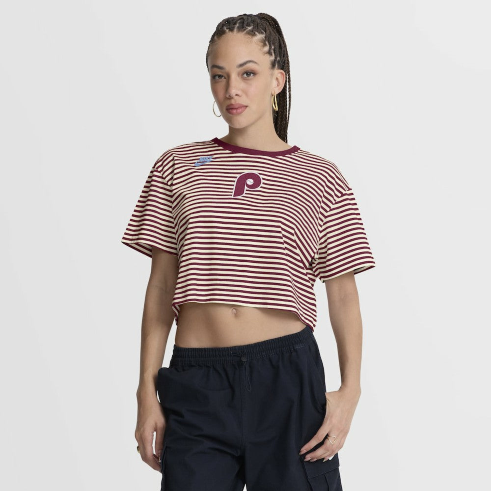 Philadelphia Phillies Women's Cooperstown Collection Striped Cropped T-Shirt Burgundy/Cream