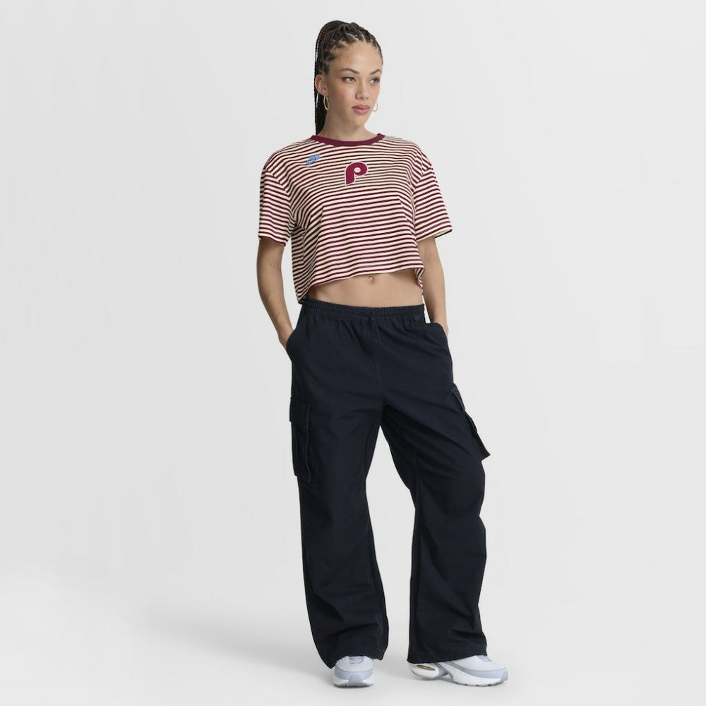 Philadelphia Phillies Women's Cooperstown Collection Striped Cropped T-Shirt Burgundy/Cream