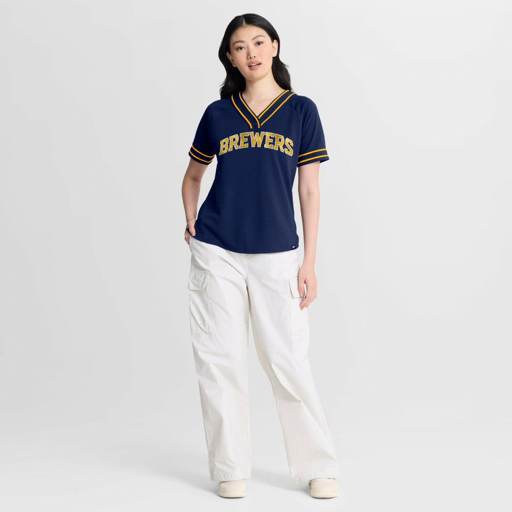 Milwaukee Brewers Women's Diva Race Ahead Raglan V-Neck T-Shirt Navy
