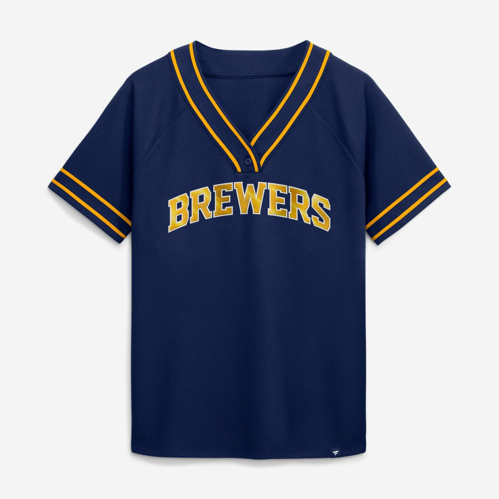 Milwaukee Brewers Women's Diva Race Ahead Raglan V-Neck T-Shirt Navy