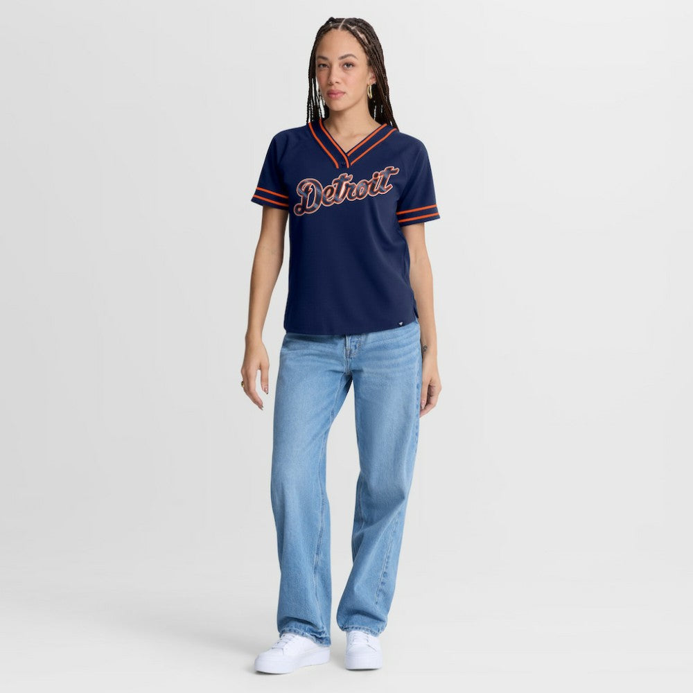 Detroit Tigers Women's Diva Race Ahead Raglan V-Neck T-Shirt Navy