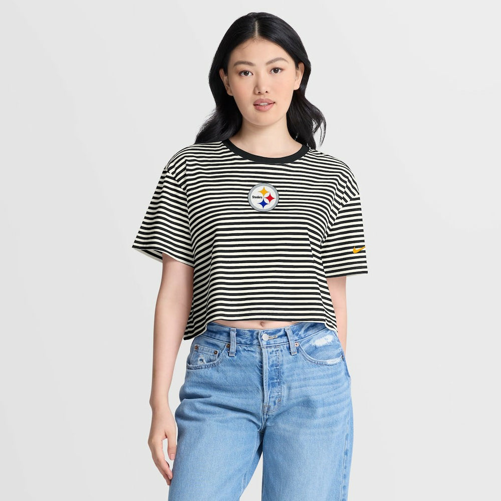 Pittsburgh Steelers Women's Striped Cropped T-Shirt - Black/Cream outlet