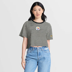 Pittsburgh Steelers Women's Striped Cropped T-Shirt - Black/Cream outlet