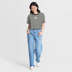 Pittsburgh Steelers Women's Striped Cropped T-Shirt - Black/Cream outlet