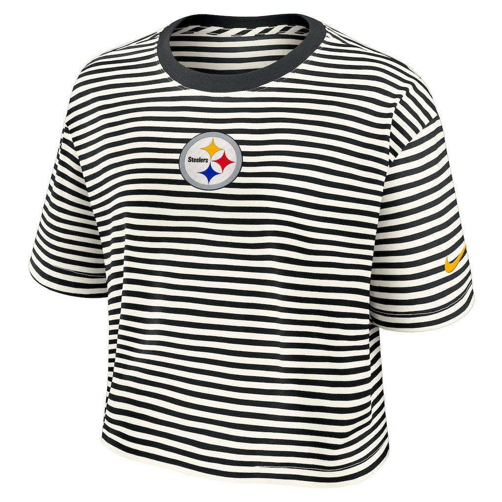 Pittsburgh Steelers Women's Striped Cropped T-Shirt - Black/Cream outlet