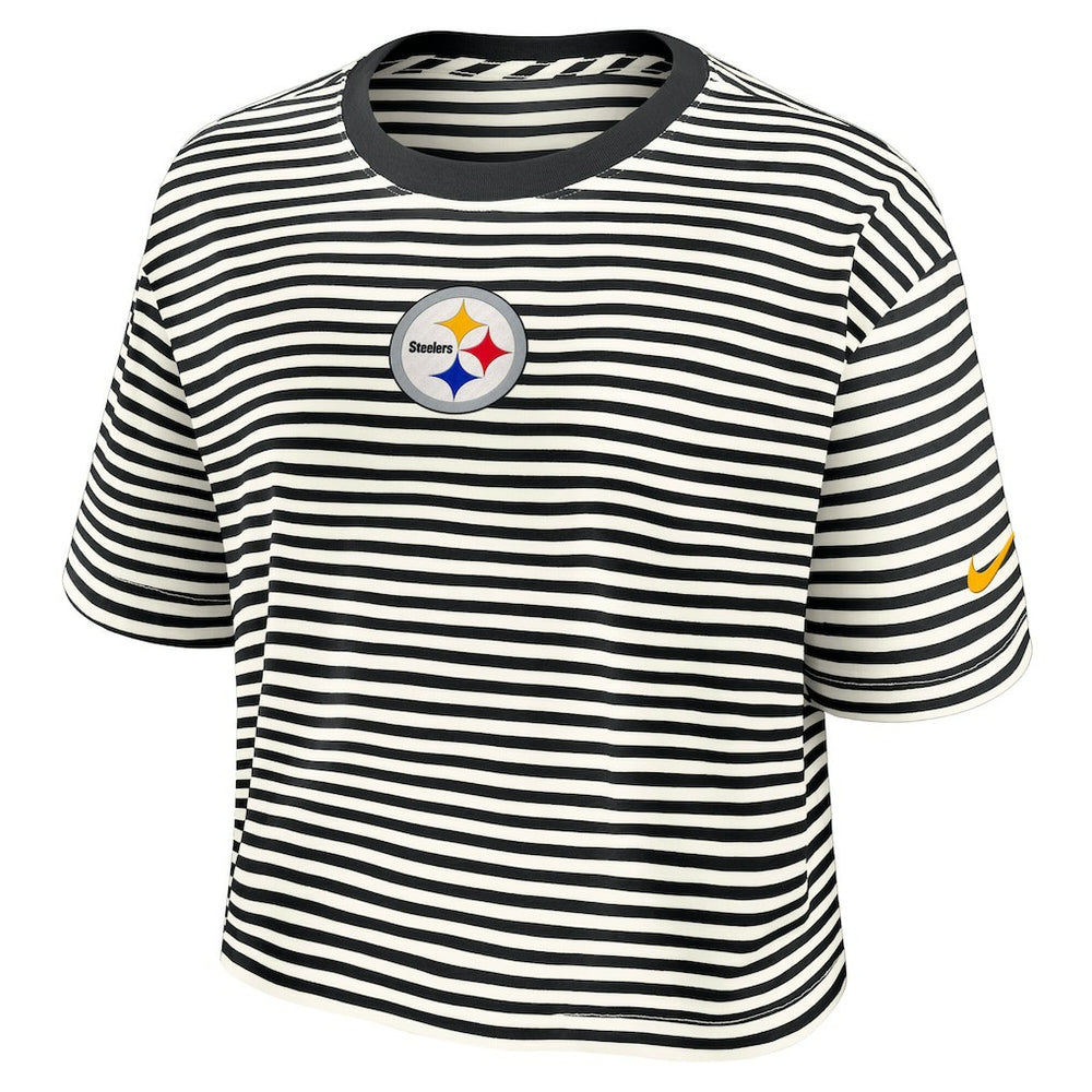 Pittsburgh Steelers Women's Striped Cropped T-Shirt - Black/Cream outlet