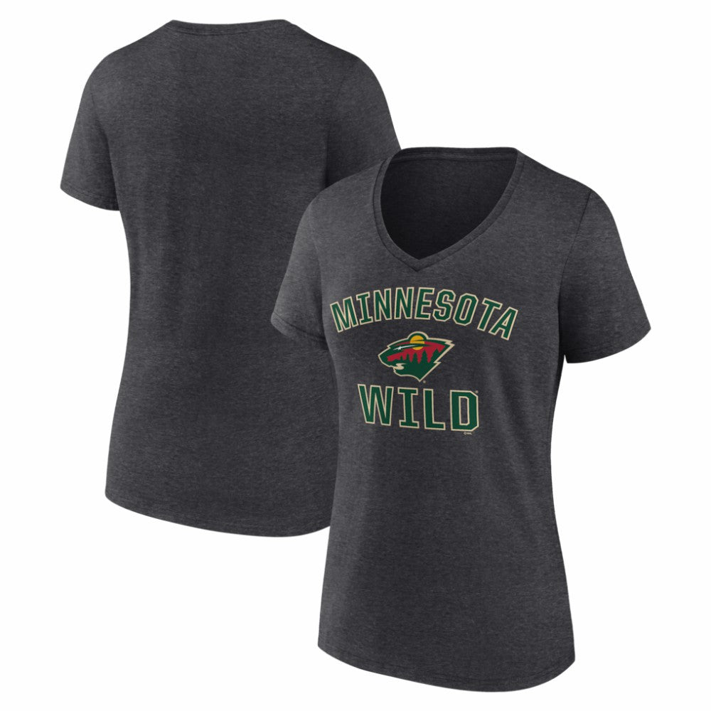 Minnesota Wild Logo Athletic Women's Arch Victory V-Neck T-Shirt - Heather Charcoal T-shirts