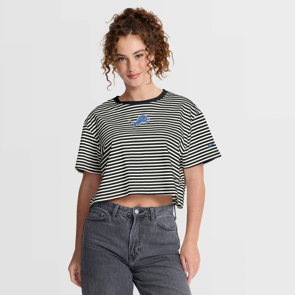 Detroit Lions Women's Striped Cropped T-Shirt - Black/Cream on sale