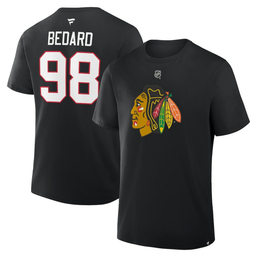 Connor Bedard Chicago Blackhawks Fanatics Authentic Stack Name & Number T-Shirt - Black T-shirts