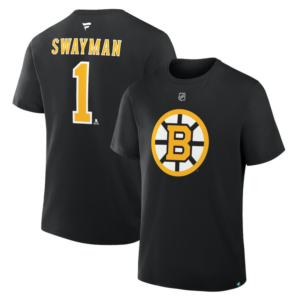 Jeremy Swayman Boston Bruins Fanatics Authentic Stack Name & Number T-Shirt - Black T-shirts