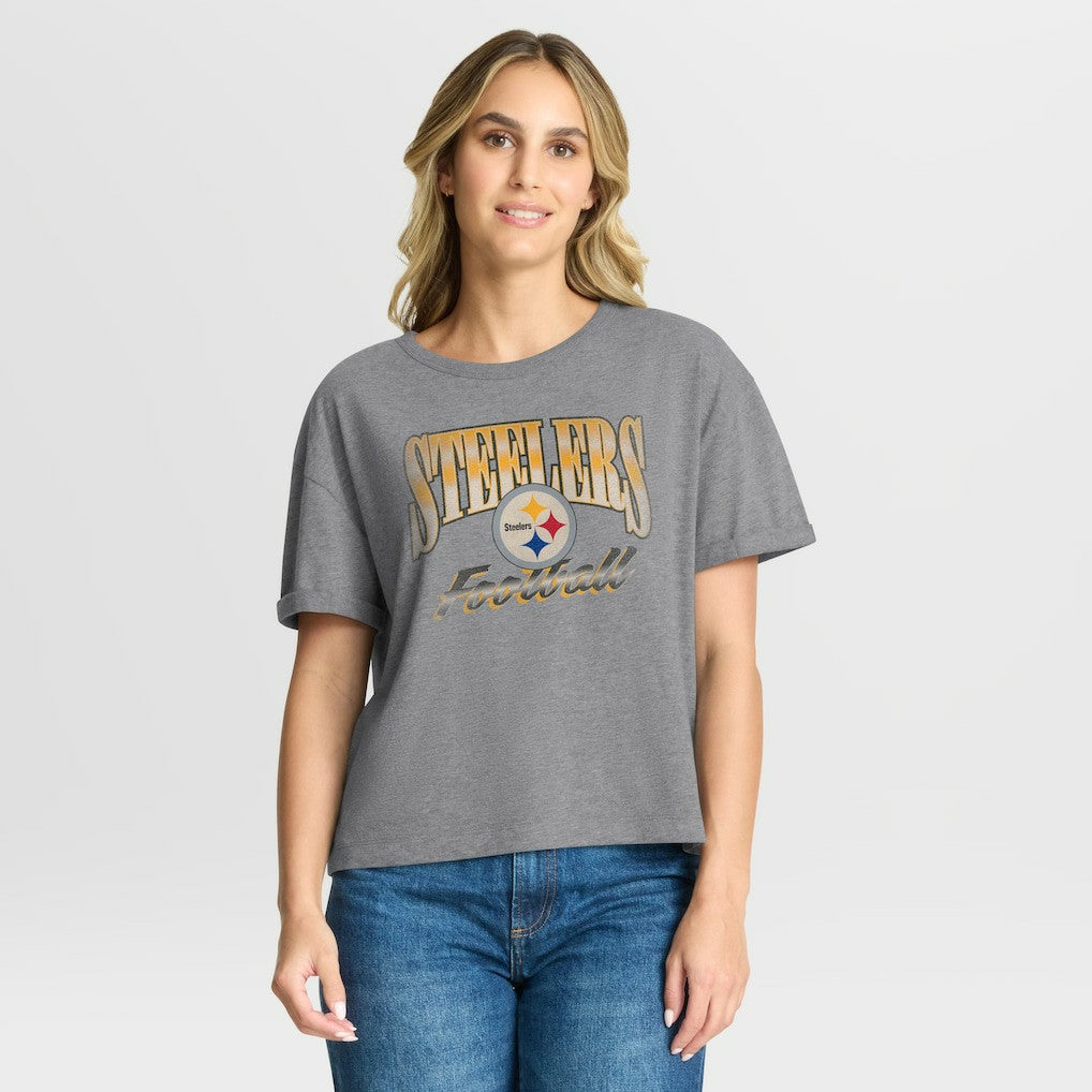 Pittsburgh Steelers Women's Overplayed Tribute Tri-Blend Boxy T-Shirt - Heather Gray cheap