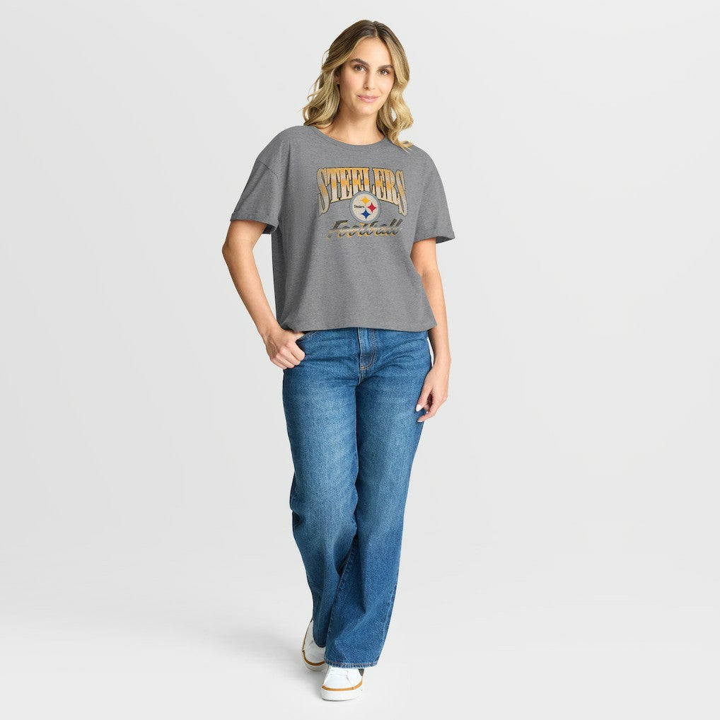 Pittsburgh Steelers Women's Overplayed Tribute Tri-Blend Boxy T-Shirt - Heather Gray cheap