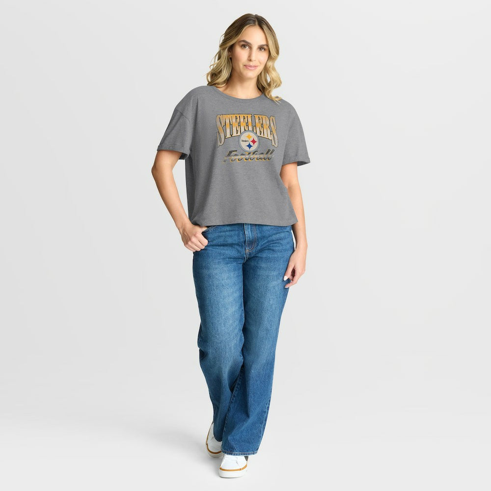 Pittsburgh Steelers Women's Overplayed Tribute Tri-Blend Boxy T-Shirt - Heather Gray cheap