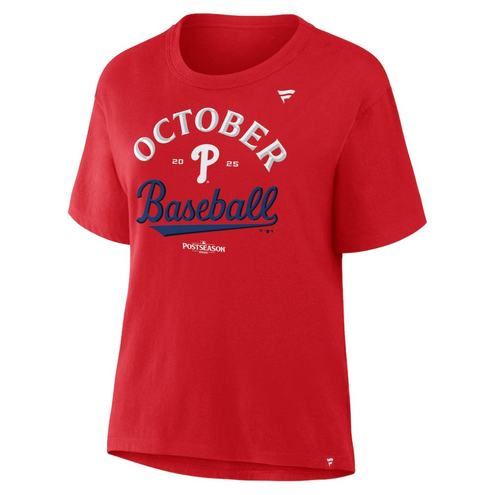 Philadelphia Phillies  Women's 2025 MLB Postseason Locker Room T-Shirt Red