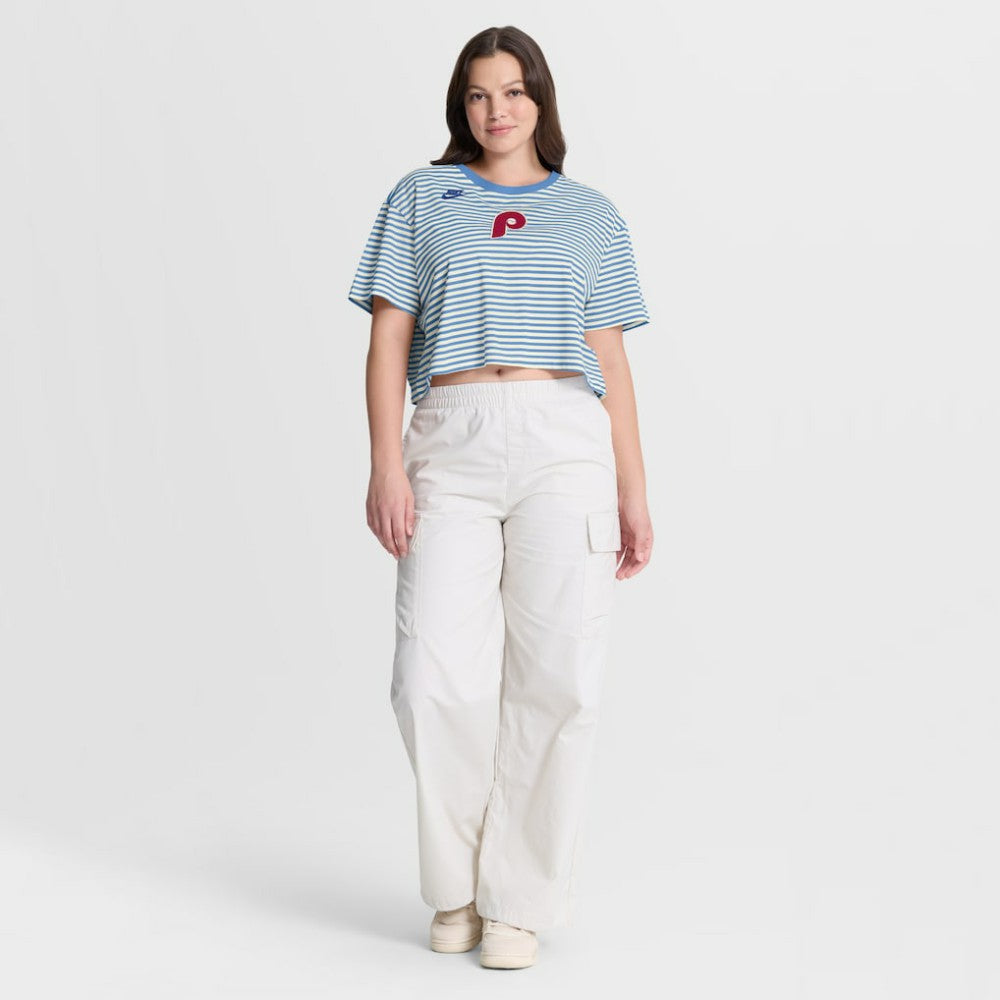 Philadelphia Phillies Women's Cooperstown Collection Striped Cropped T-Shirt Light Blue/Cream