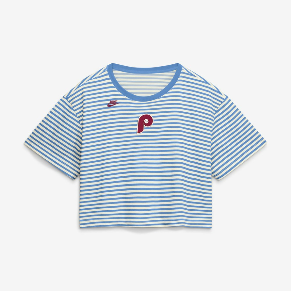 Philadelphia Phillies Women's Cooperstown Collection Striped Cropped T-Shirt Light Blue/Cream
