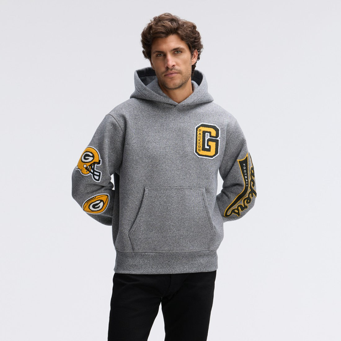 Green Bay Packers IconicFleece Letterman Hoodie - Athletic Heather Gray sale