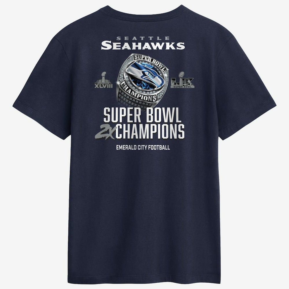 Seattle Seahawks Two-Time Super Bowl Champions Downtown Ring Club T-Shirt - College Navy sale