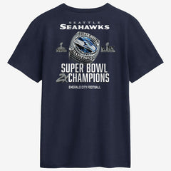 Seattle Seahawks Two-Time Super Bowl Champions Downtown Ring Club T-Shirt - College Navy sale