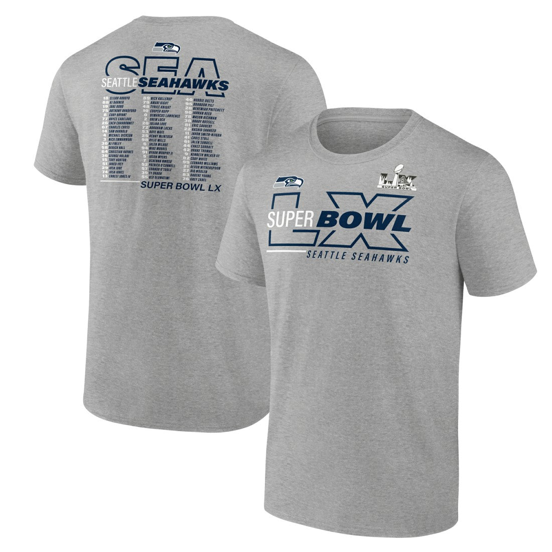 Seattle Seahawks Super Bowl LX Roster T-Shirt - Heather Gray discount