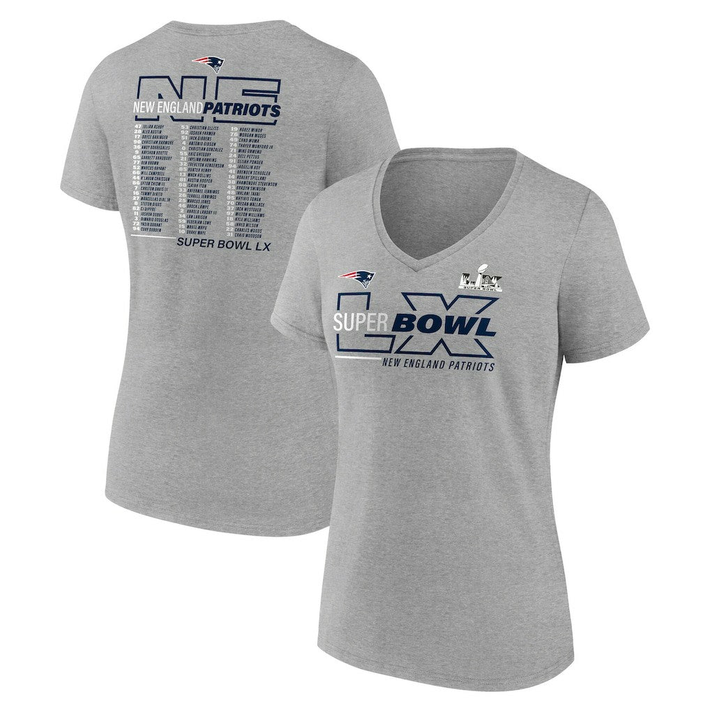 New England Patriots Women's Super Bowl LX Roster V-Neck T-Shirt - Heather Gray sale