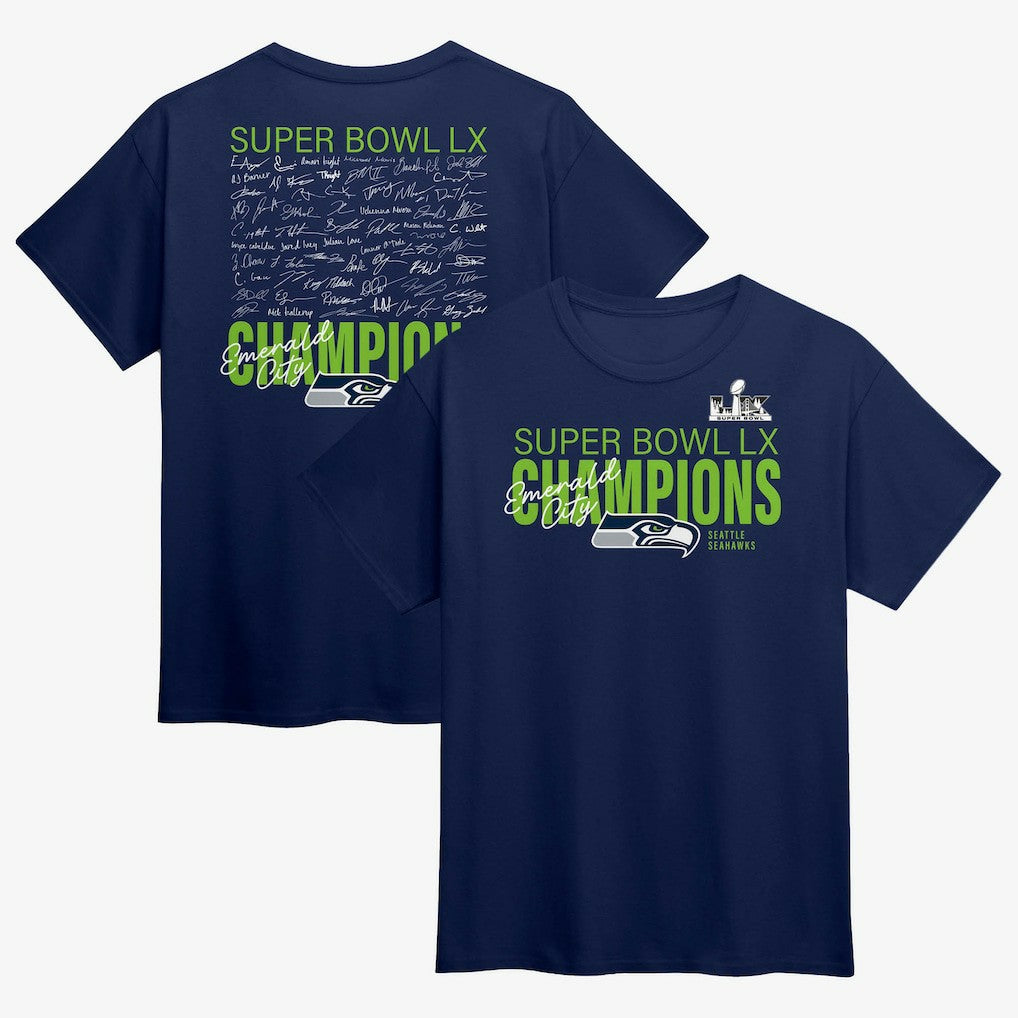 Seattle Seahawks Super Bowl LX Champions Autograph Signing Roster T-Shirt - College Navy sale