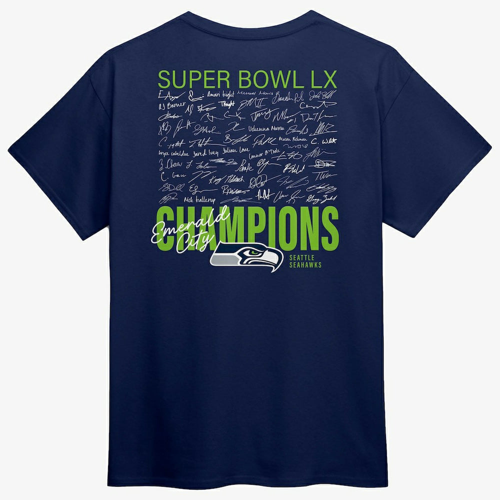 Seattle Seahawks Super Bowl LX Champions Autograph Signing Roster T-Shirt - College Navy sale