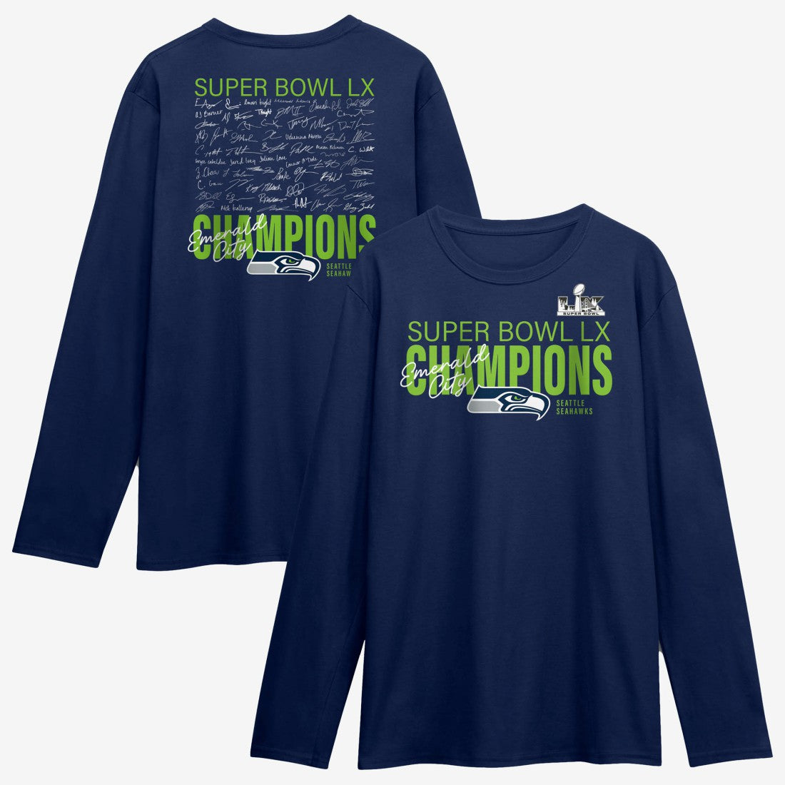 Seattle Seahawks Super Bowl LX Champions Autograph Signing Long Sleeve Roster T-Shirt - College Navy discount