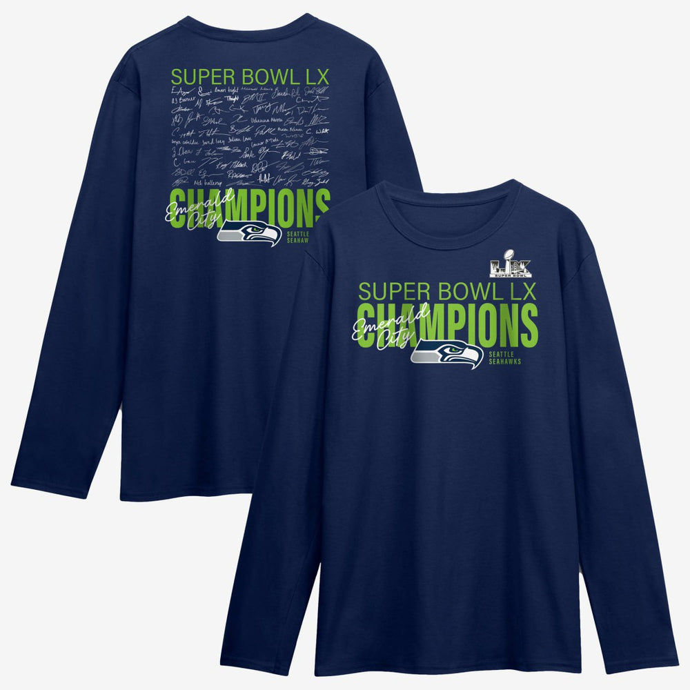 Seattle Seahawks Super Bowl LX Champions Autograph Signing Long Sleeve Roster T-Shirt - College Navy discount