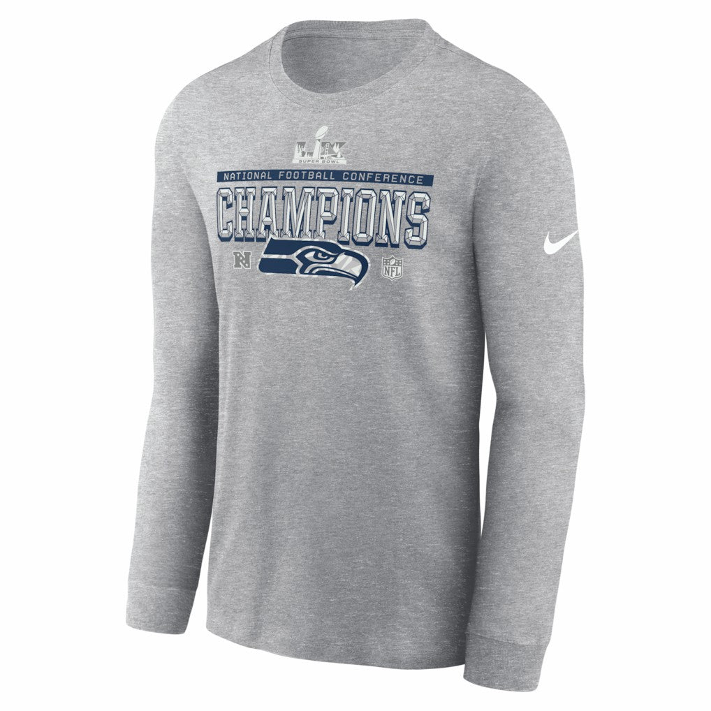 Seattle Seahawks 2025 NFC Champions Locker Room Trophy Collection Long Sleeve T-Shirt - Heather Gray for sale