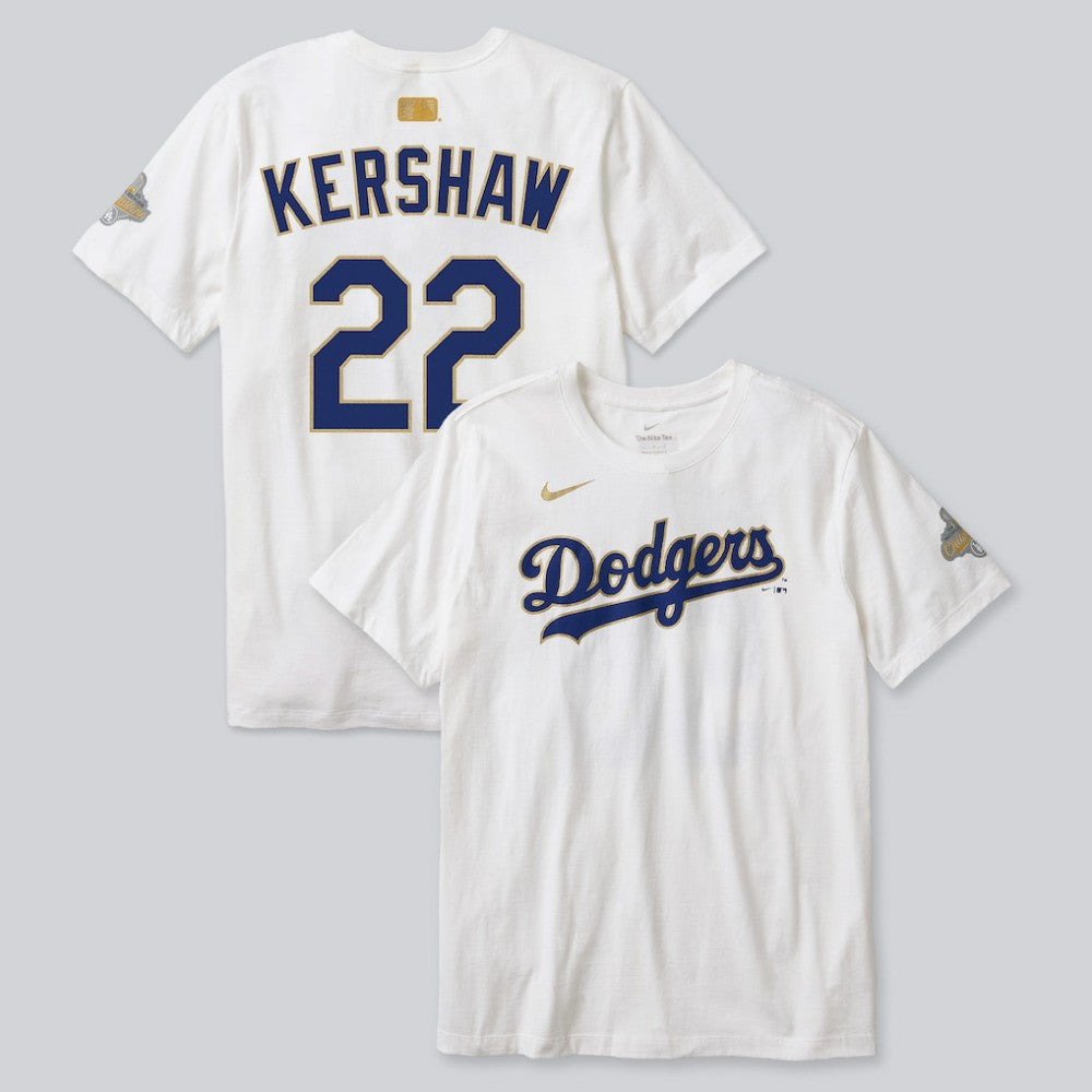 Clayton Kershaw Los Angeles Dodgers 2026 Gold Collection Player Name & Number T-Shirt White