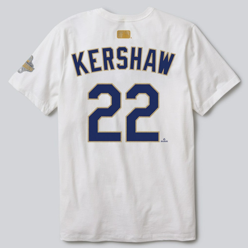 Clayton Kershaw Los Angeles Dodgers 2026 Gold Collection Player Name & Number T-Shirt White