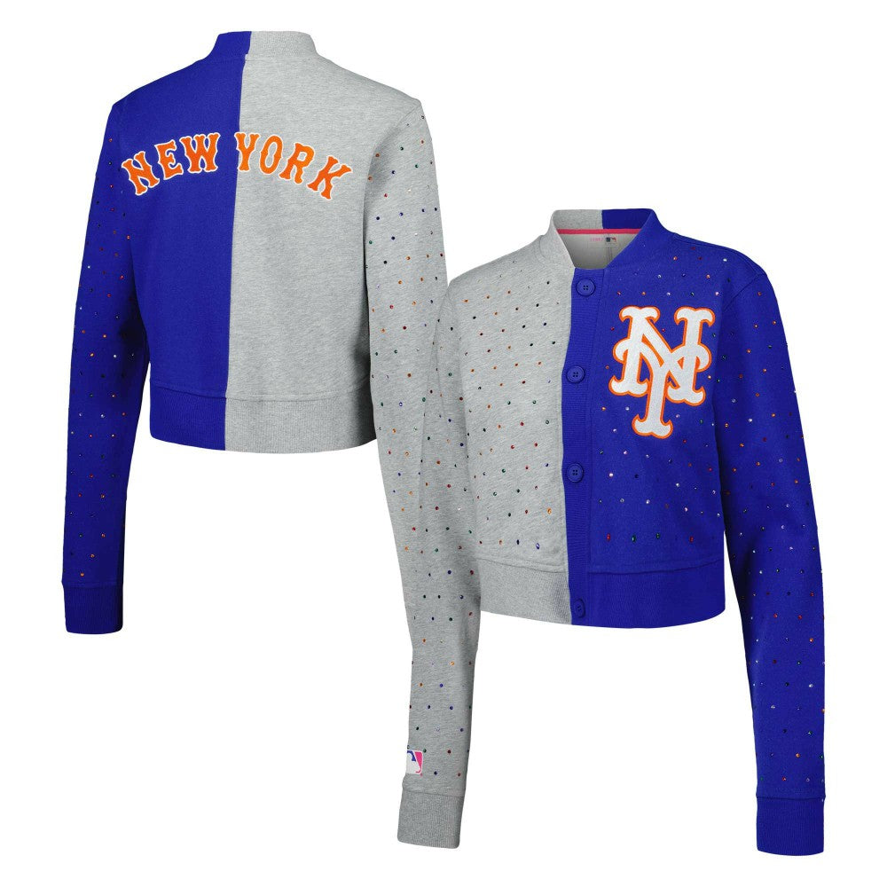 New York Mets Terez Women's Cropped Button-Up Cardigan Gray/Royal