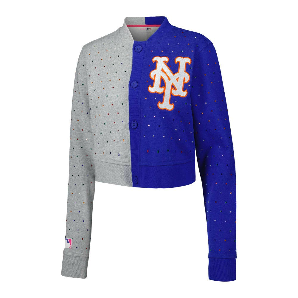 New York Mets Terez Women's Cropped Button-Up Cardigan Gray/Royal