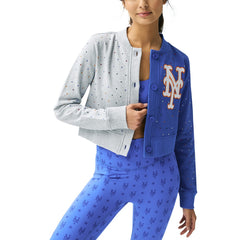 New York Mets Terez Women's Cropped Button-Up Cardigan Gray/Royal