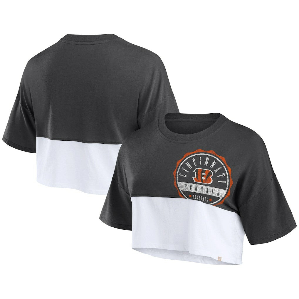 Cincinnati Bengals Women's Boxy Color Split Cropped T-Shirt - Black/White sale
