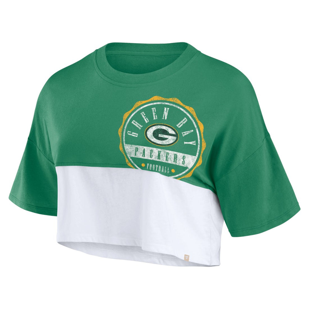 Green Bay Packers Women's Boxy Color Split Cropped T-Shirt - Green/White outlet