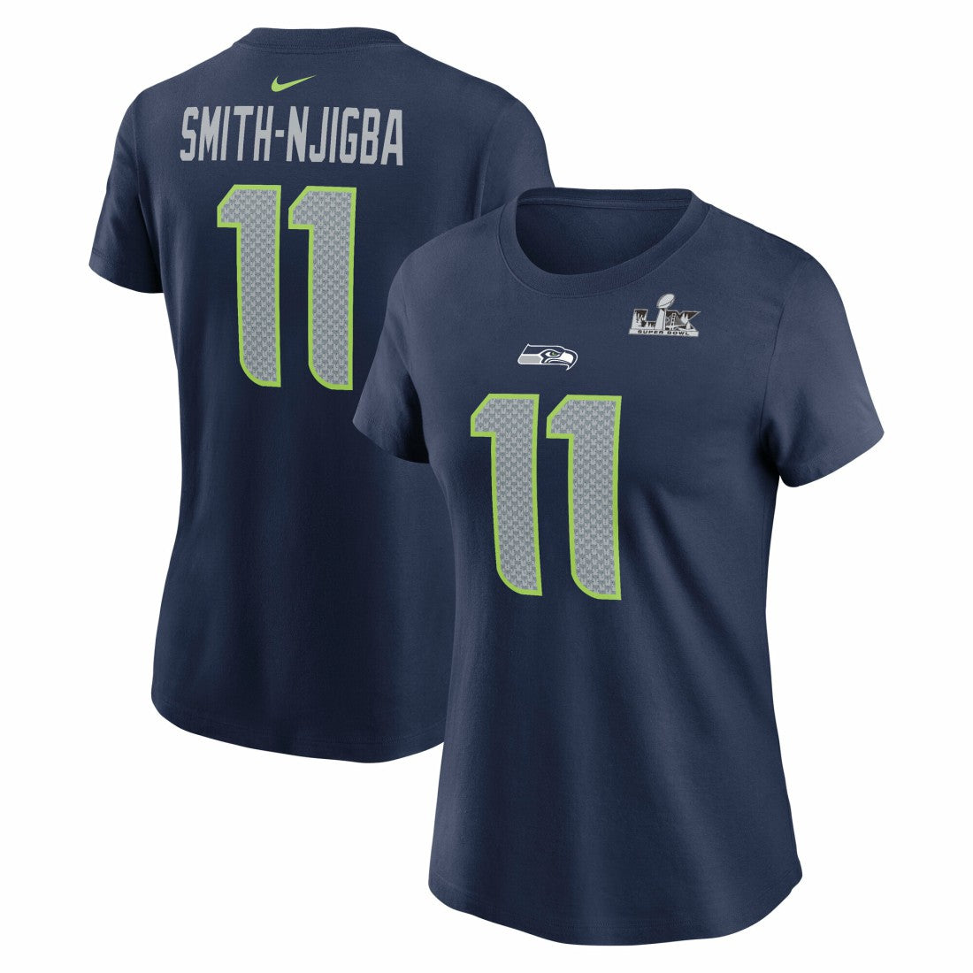 Jaxon Smith-Njigba Seattle Seahawks Women's Super Bowl LX Patch Name & Number T-Shirt - College Navy on sale