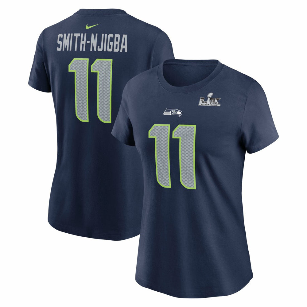 Jaxon Smith-Njigba Seattle Seahawks Women's Super Bowl LX Patch Name & Number T-Shirt - College Navy on sale