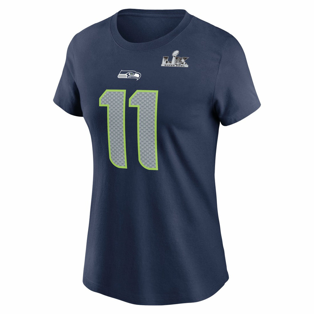 Jaxon Smith-Njigba Seattle Seahawks Women's Super Bowl LX Patch Name & Number T-Shirt - College Navy on sale