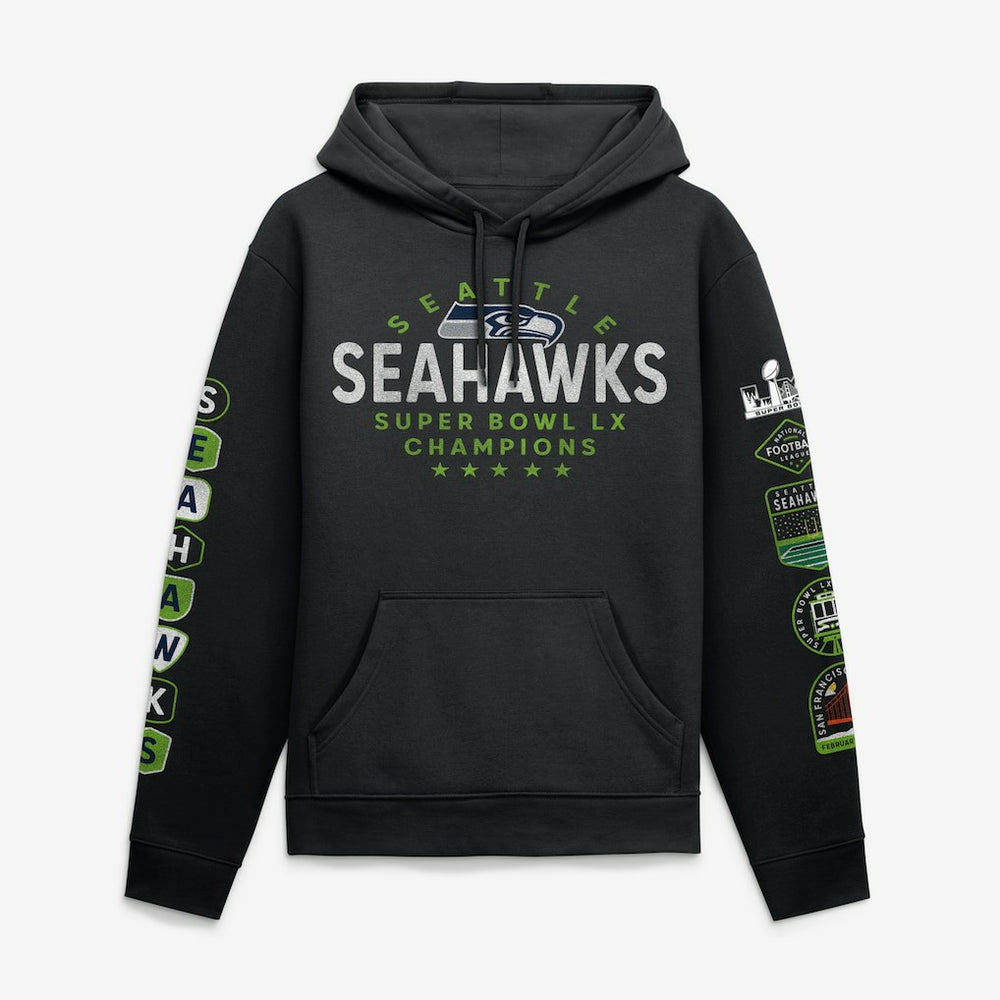 Seattle Seahawks Super Bowl LX Champions Banner Year Hoodie - Black discount