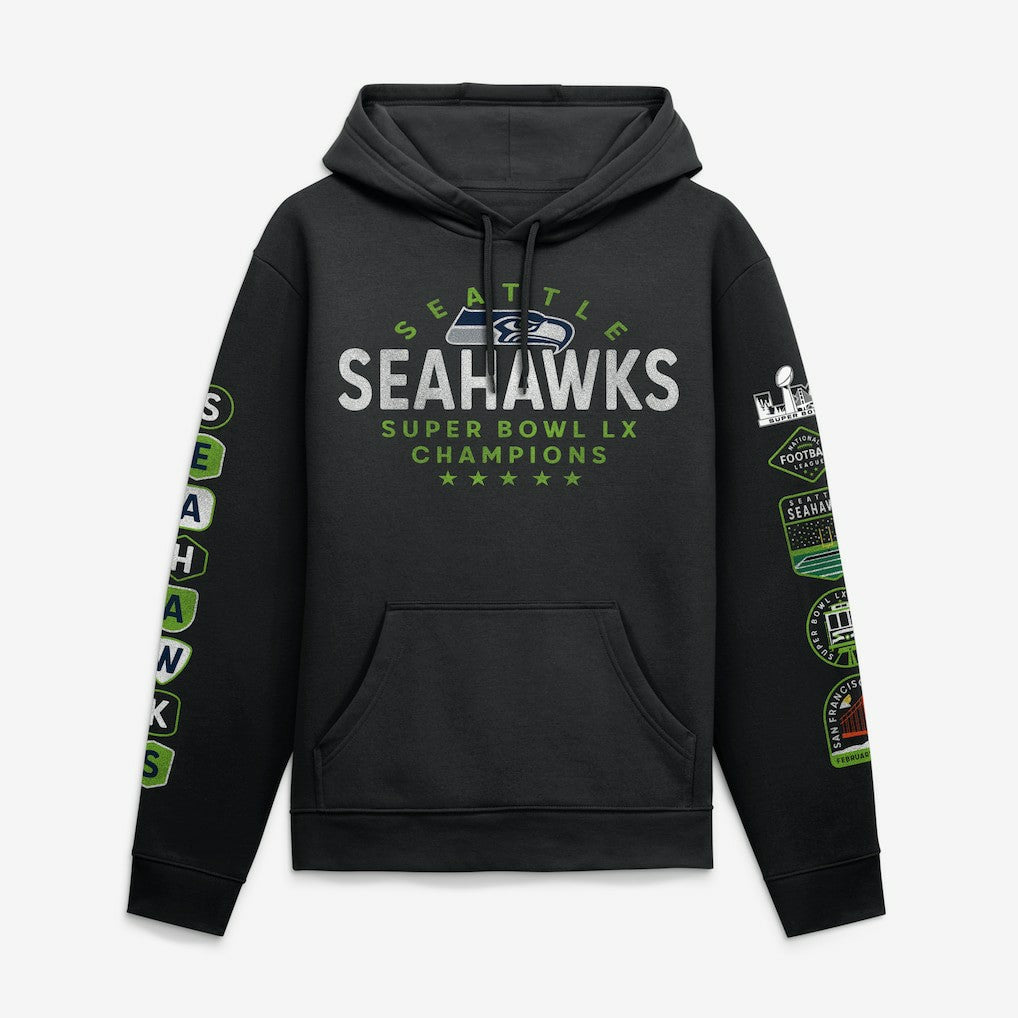 Seattle Seahawks Super Bowl LX Champions Banner Year Hoodie - Black discount