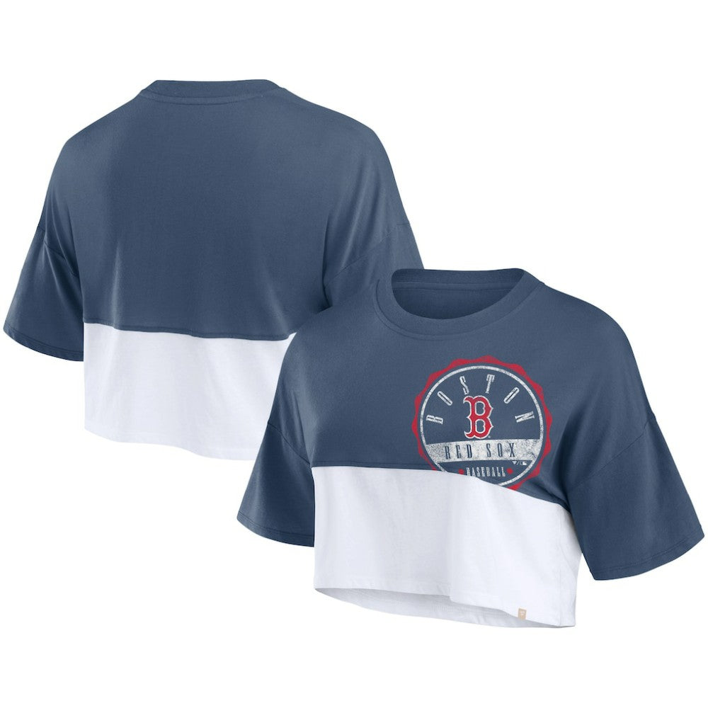 Boston Red Sox Women's Color Split Boxy Cropped T-Shirt Navy/White