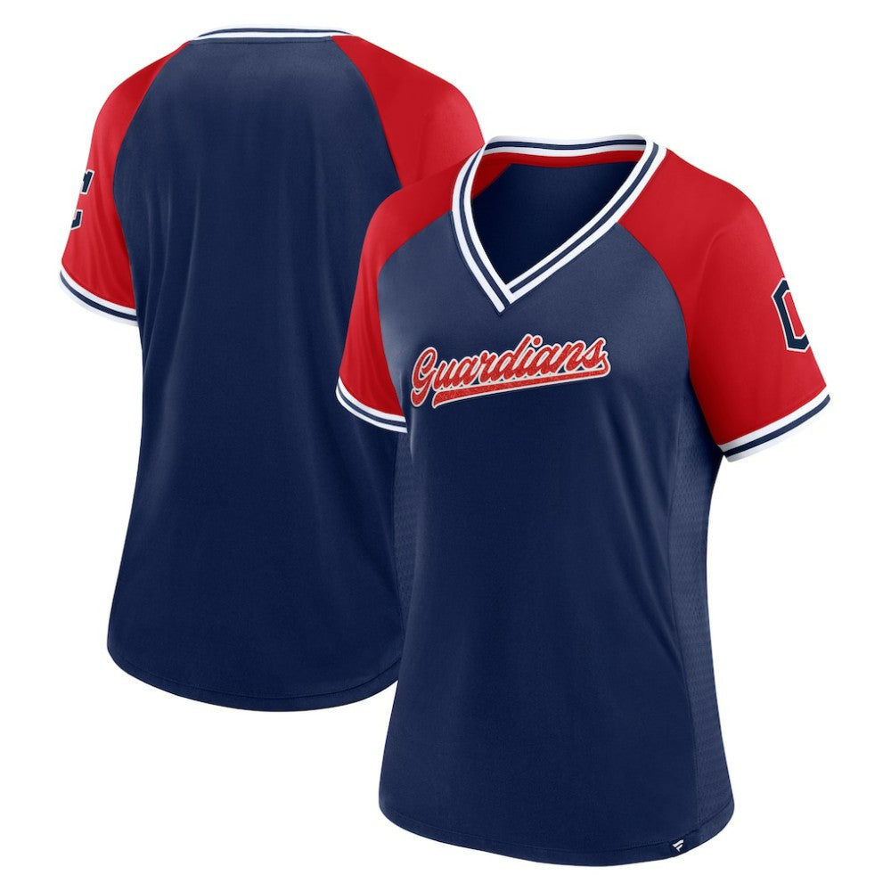 Cleveland Guardians Women's Glitz & Glam League Diva Raglan V-Neck T-Shirt Navy