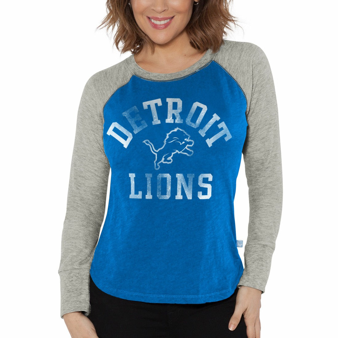 Detroit Lions G-III 4Her by Carl Banks Women's Waffle Knit Raglan Long Sleeve T-Shirt - Blue/Heather Gray sale