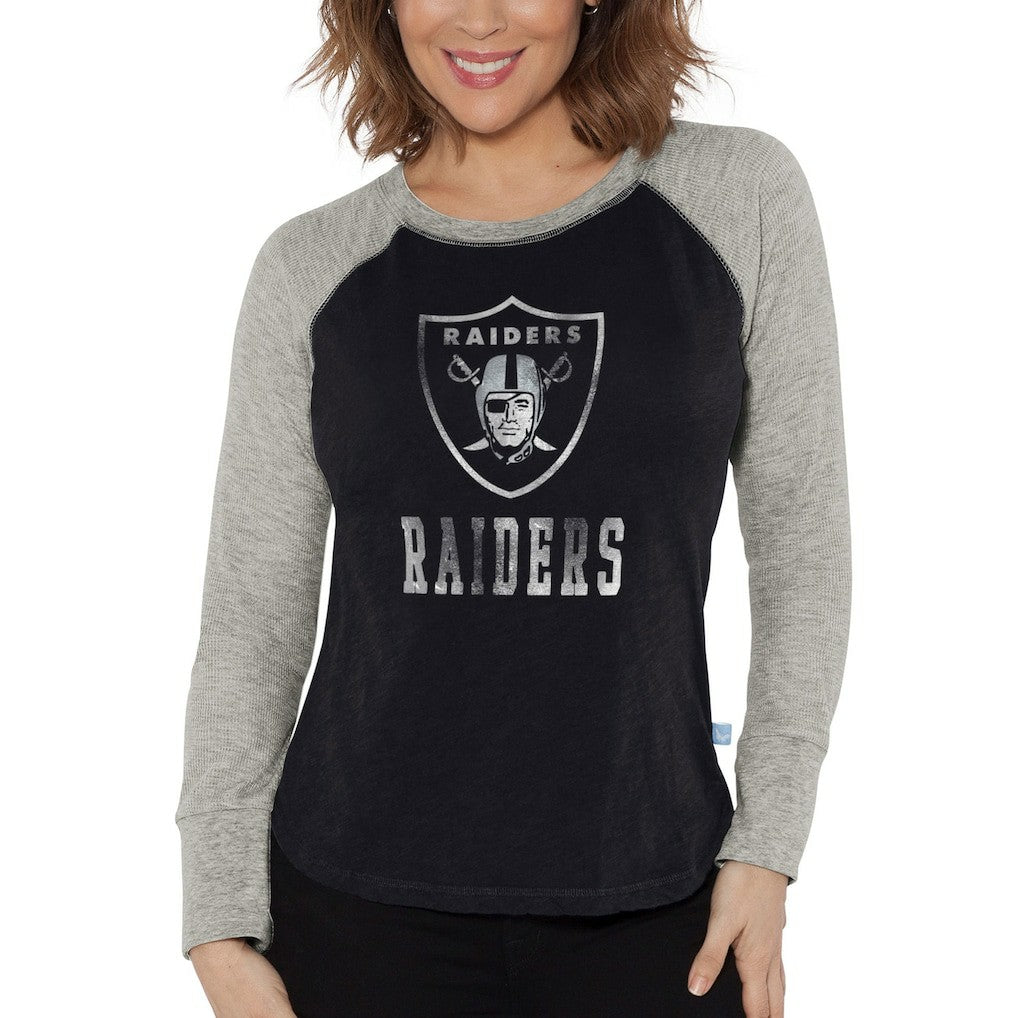 Las Vegas Raiders G-III 4Her by Carl Banks Women's Waffle Knit Raglan Long Sleeve T-Shirt - Black/Heather Gray discount