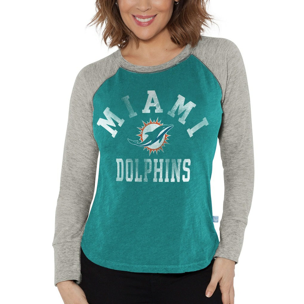 Miami Dolphins G-III 4Her by Carl Banks Women's Waffle Knit Raglan Long Sleeve T-Shirt - Aqua/Heather Gray on sale